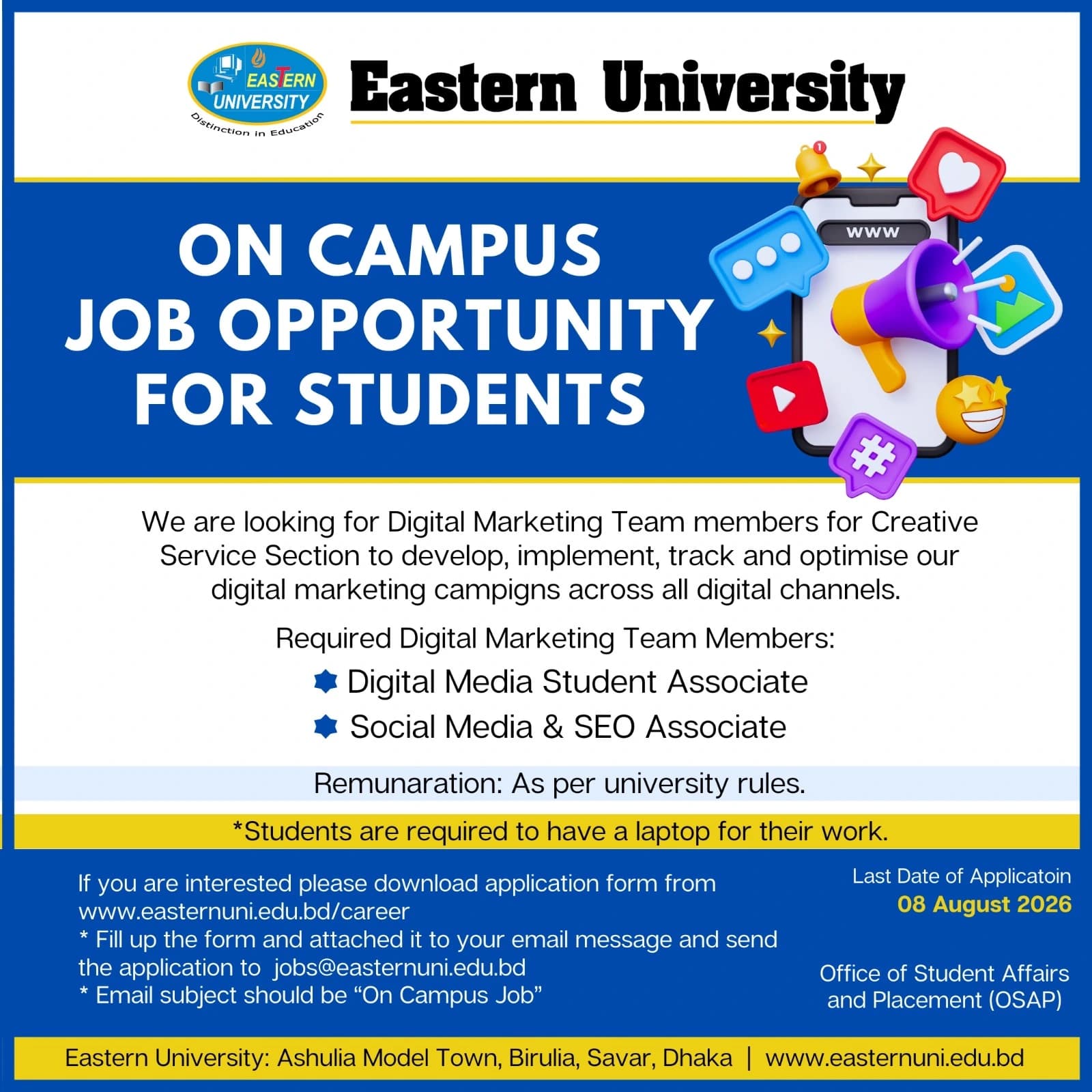 On Campus Job (For Eastern University Students)