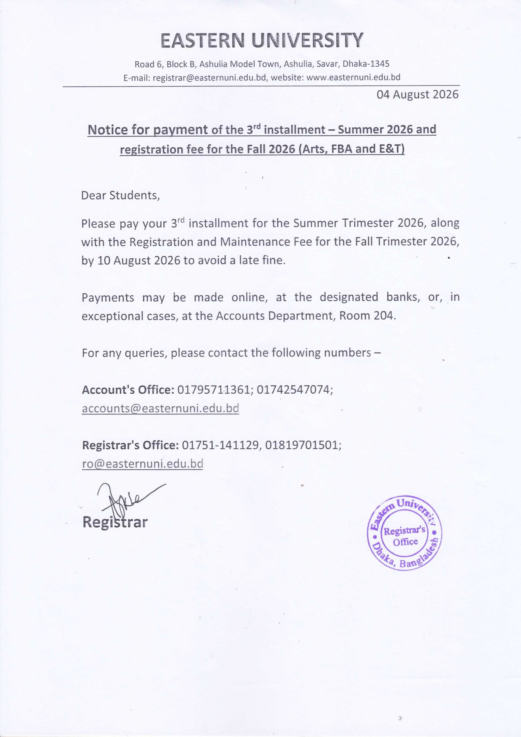 Notice for payment of the 3rd installment – Summer 2026 and registration fee for the Fall 2026 (Arts, FBA and E&T)