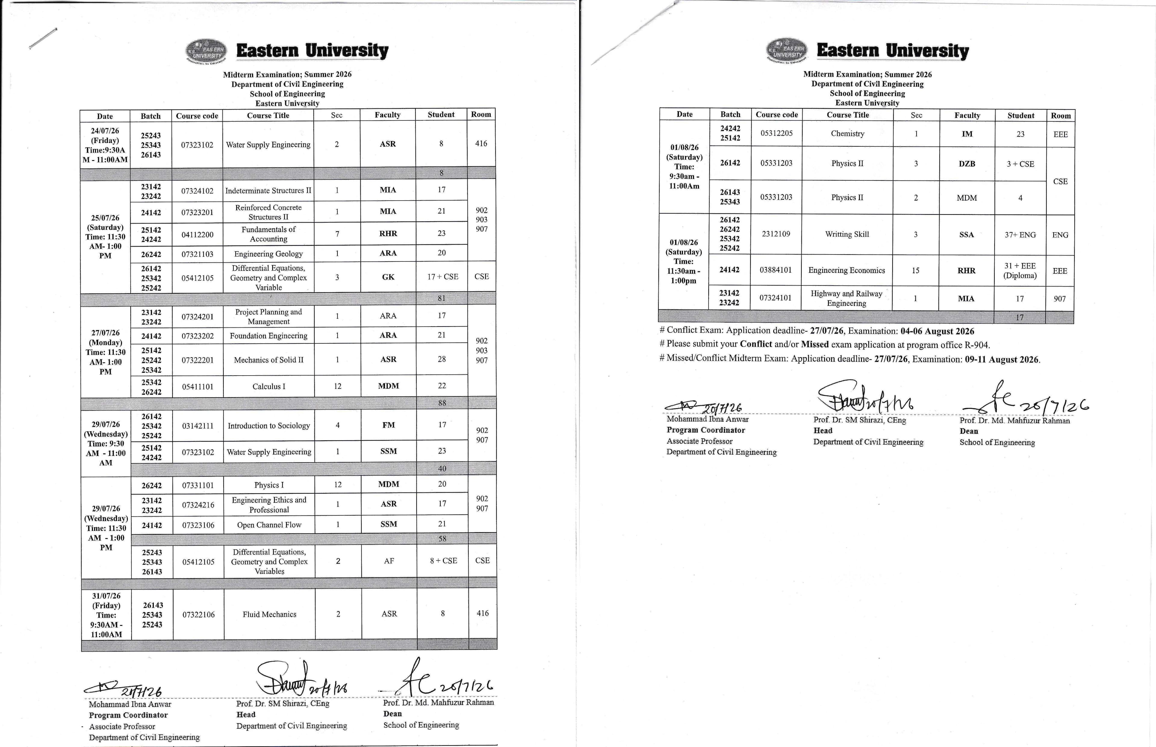 CE- Mid-Term Exam Routine, Summer 2026