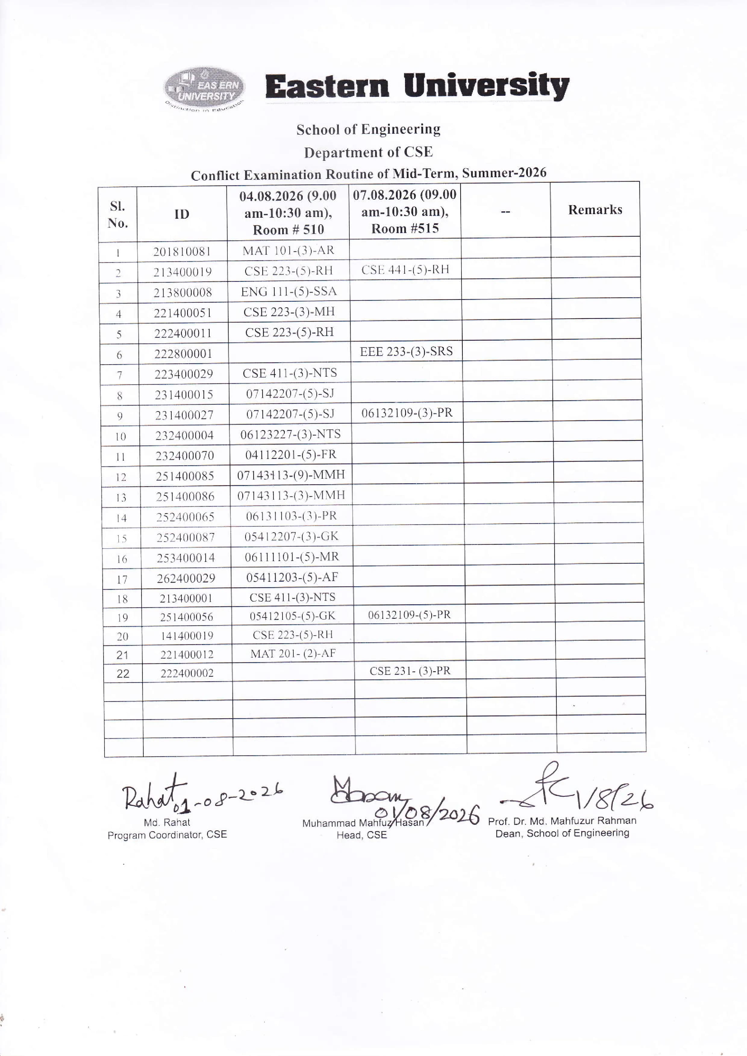 Mid - term Conflict Examination Routine, Summer-2026 Department of CSE