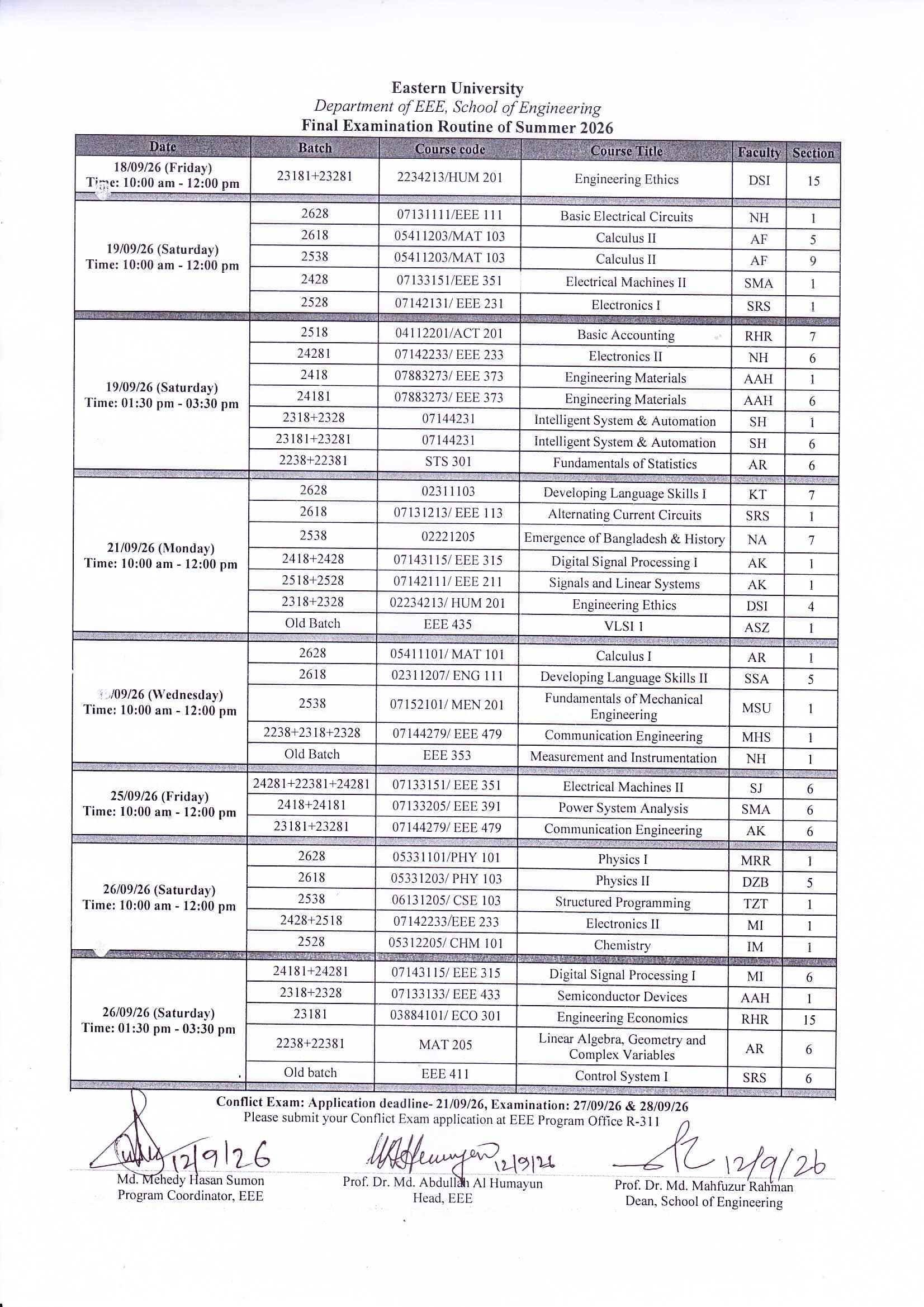 Final Examination Routine of EEE, Summer - 2026