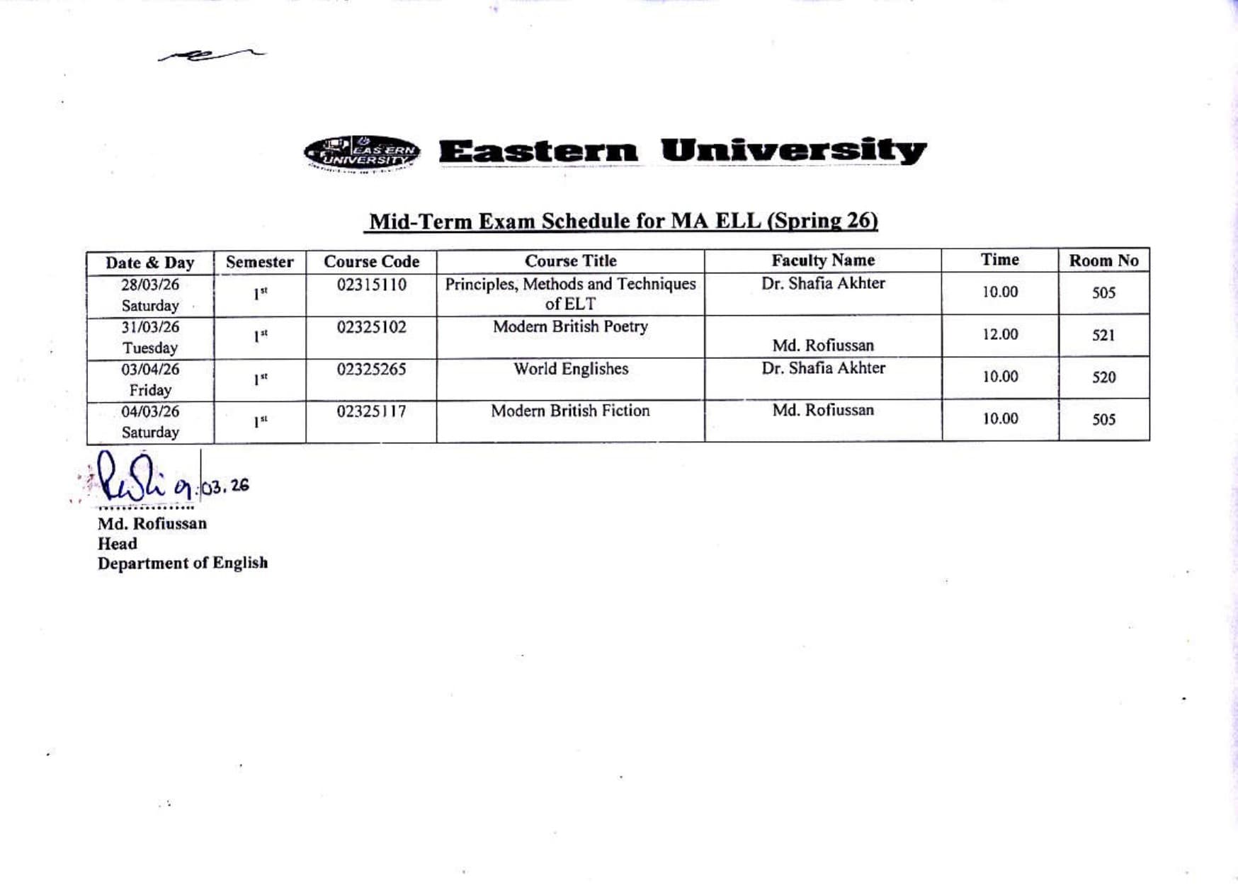 Midterm Exams Schedule for M.A. in ELL of the Spring Trimester 2026