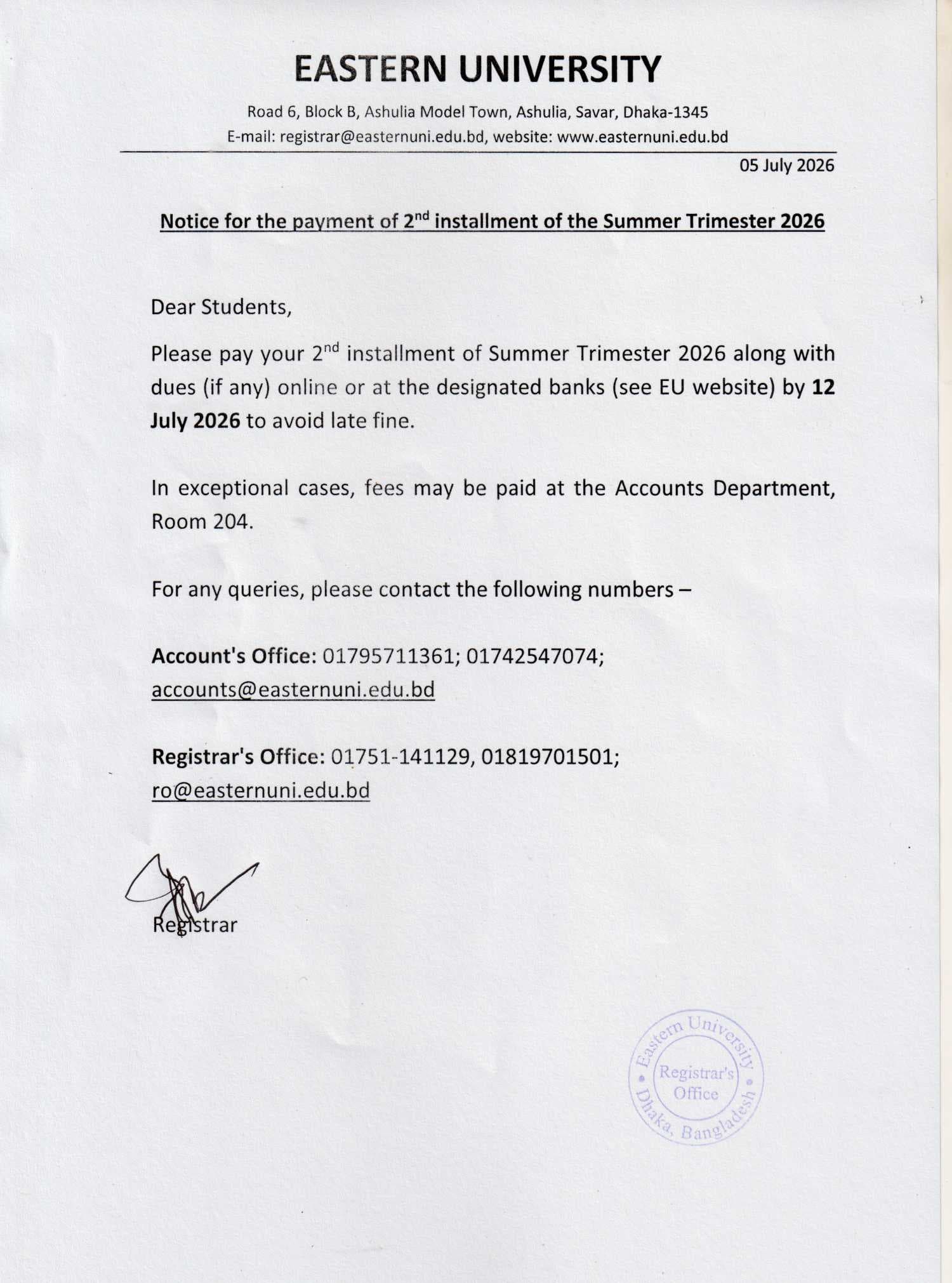 Notice for the payment of 2nd installment of the Summer Trimester 2026