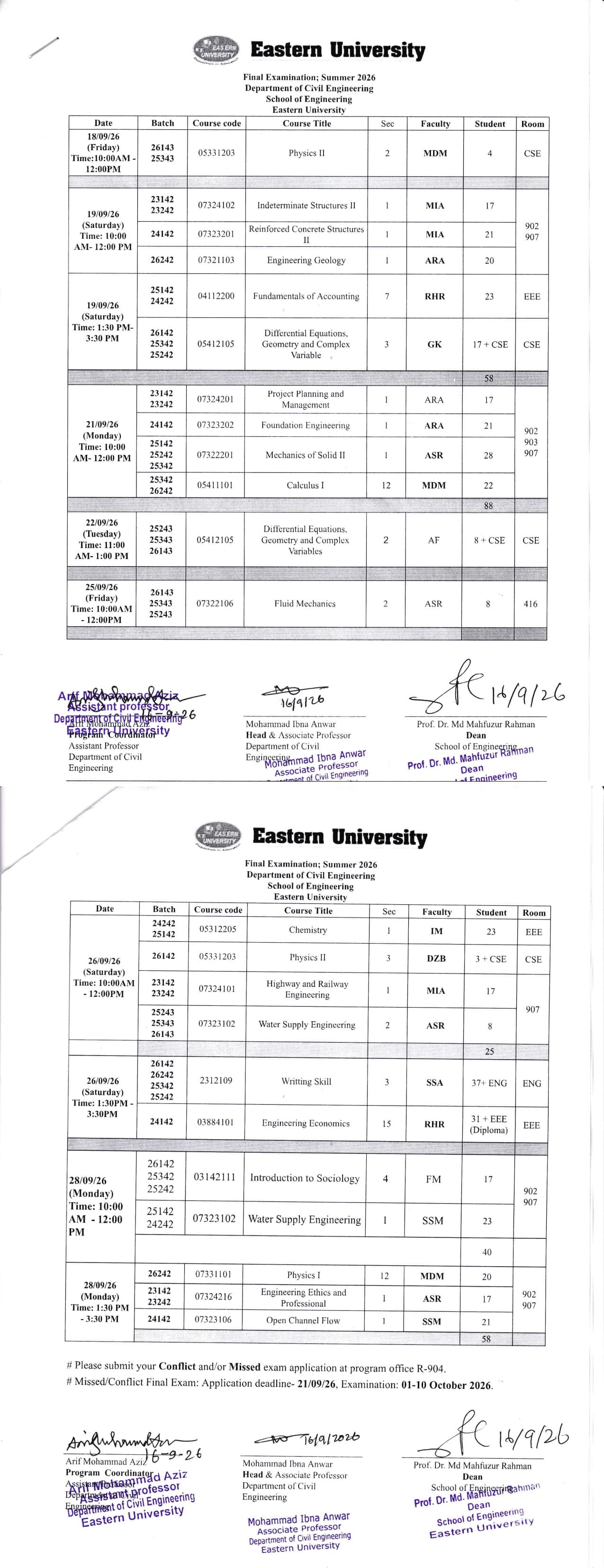 Civil Eng. Revised Final Exam Routine, Summer 2026