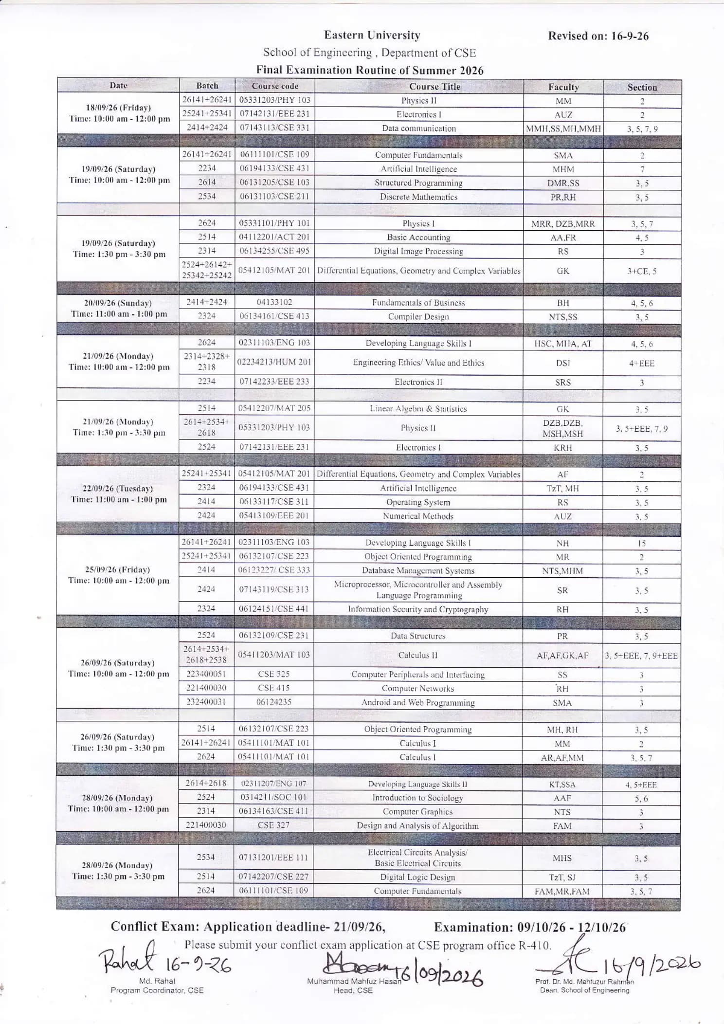 Revised Department of CSE Final Examination routine , Summer-2026