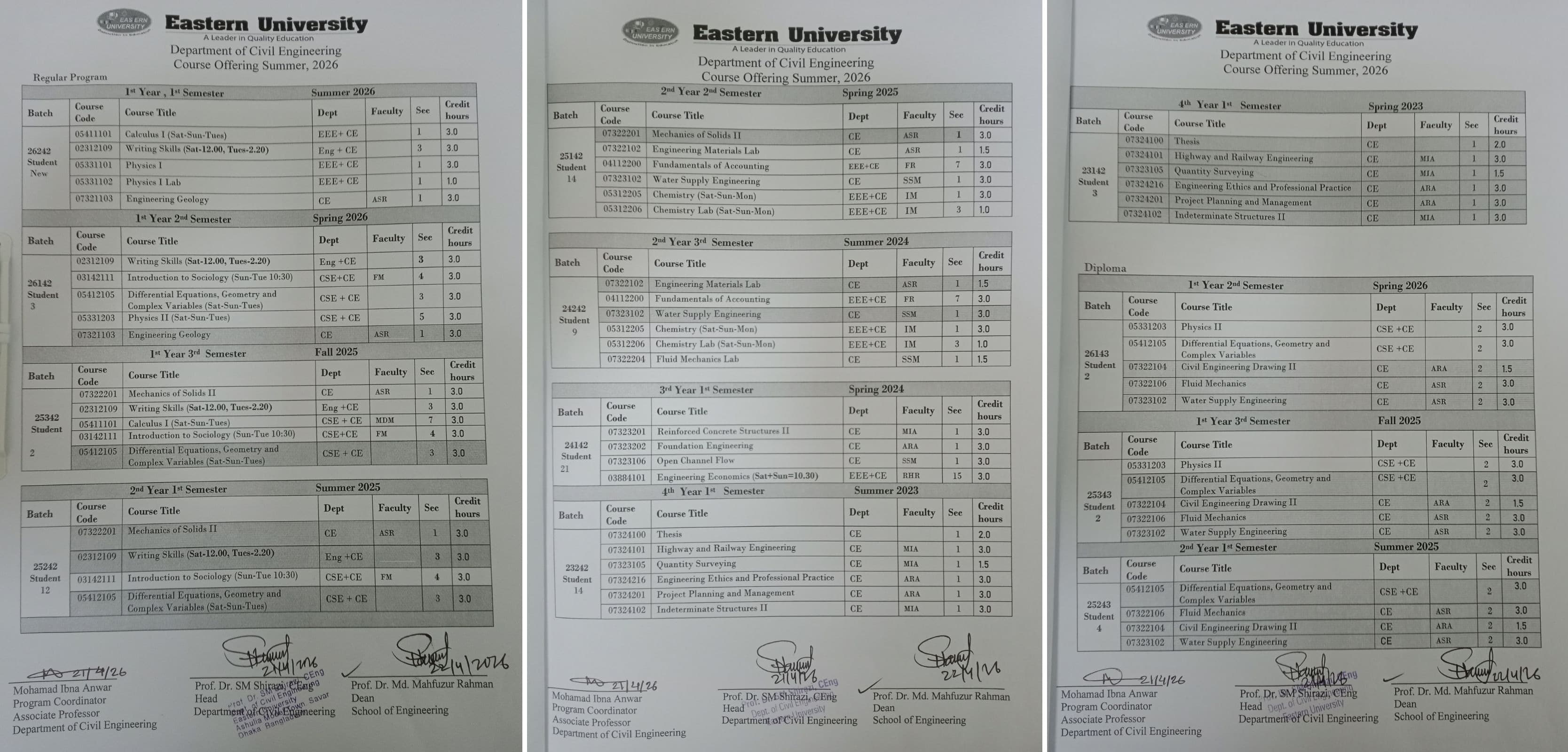 Civil Engineering Course Offering, Summer 2026