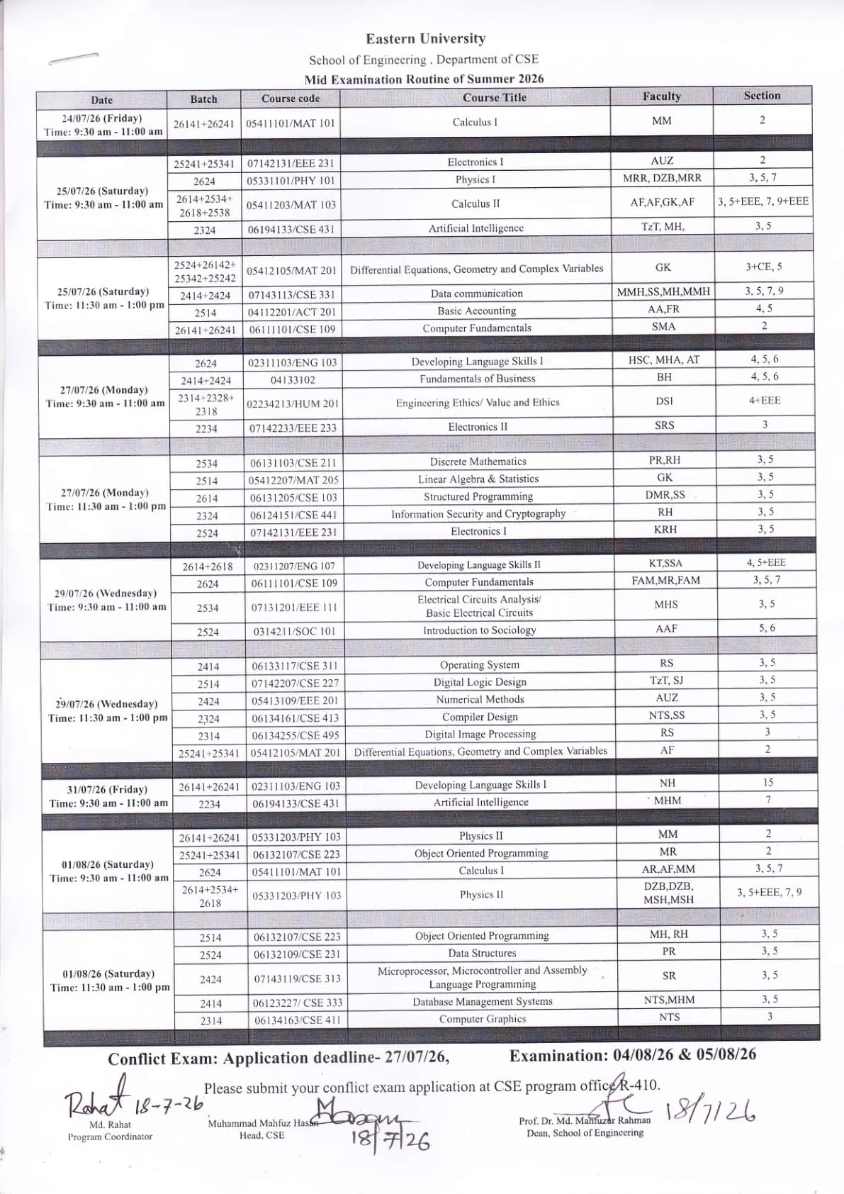 Mid Examination Routine, Summer-2026 Department of CSE