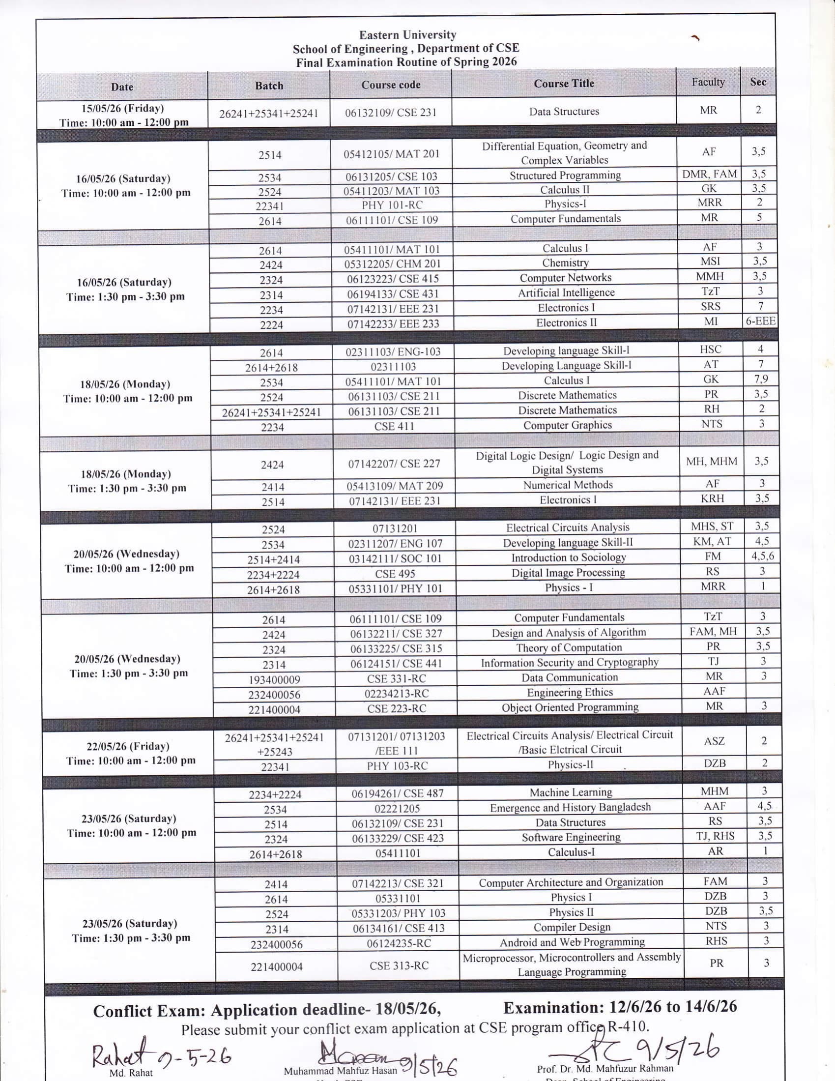 Department Of CSE Final Examination Routine, Spring-2026